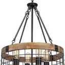 Farmhouse Rustic Chandelier Light Fixture, 4-Light Round Hanging Pendant Lighting for Dining Room Entryway Kitchen Island Foyer Breakfast Area, Black Wood and Black Metal Finish