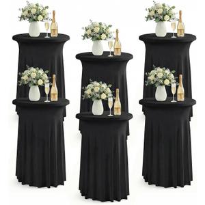 ArtSocket 6-Pack Black Spandex Cocktail Table Covers, Stretch Fitted High Top Highboy Tablecloths with Ruffle Skirt, Wrinkle-Resistant, for Wedding Banquet Party Bar Tables (32" Dia x 43" H)
