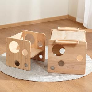 Kids Table and Chair Set, Montessori Weaning Table and Chair Set for Toddler, Natural Solid Wooden Activity Table Cube Chair for Drawing Reading, Montessori Playroom Furniture for Children