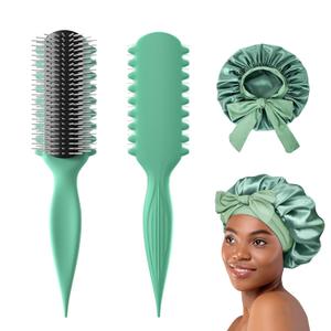 AM8:00 2in1 Styling Set, Curl Defining Brush for Wet Curls, Define Hairbrush for Enhancing Definition,Satin Bonnet for Sleeping, Silk Bonnet Suitable for Curly Hair,for Women