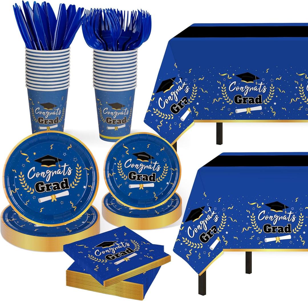 Graduation Decorations 2026,147 PCS Graduation Party Decorations, Disposable Graduation Plates and Napkins 2026,Graduation Tablecloth Knives Fork Plates Napkin Cups for Graduation Party For 24 Guests