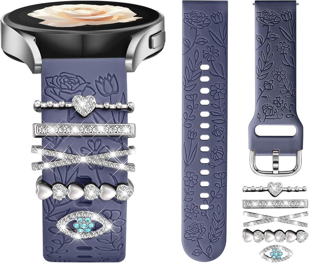 DaQin Flower Engraved Band Compatible with Samsung Galaxy Watch 7 Band/FE 6 5 4 40mm 44mm,Galaxy Active 2, 20mm Watch Band Soft Silicone Replacement Strap with Decorative Charms Accessories Women