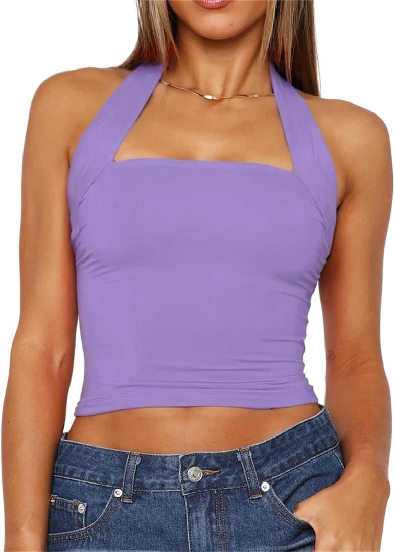ForeFair Women Halter Neck Backless Crop Top Sexy Y2K Sleeveless Tank Top Open Back Slim Fit Tops (Light Purple) M