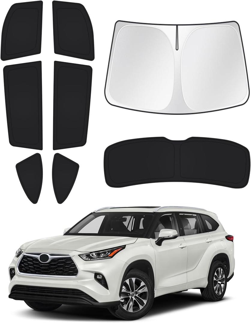 Canvcle Windshield Sun Shade for 2020-2025 2026 Toyota Highlander Accessories Side Rear Window Shade Cover Set Window Sun Visor Privacy for Camping Keep Vehicle Cool Black 8PCS