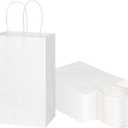 Toovip 50 Pack 5.25x3.25x8.25 Inch Small White Kraft Paper Bags with Handles Bulk, Gift Wrap Bags for Favor Grocery Retail Party Birthday Shopping Business Goody Craft Merchandise Take Out Cub Sacks