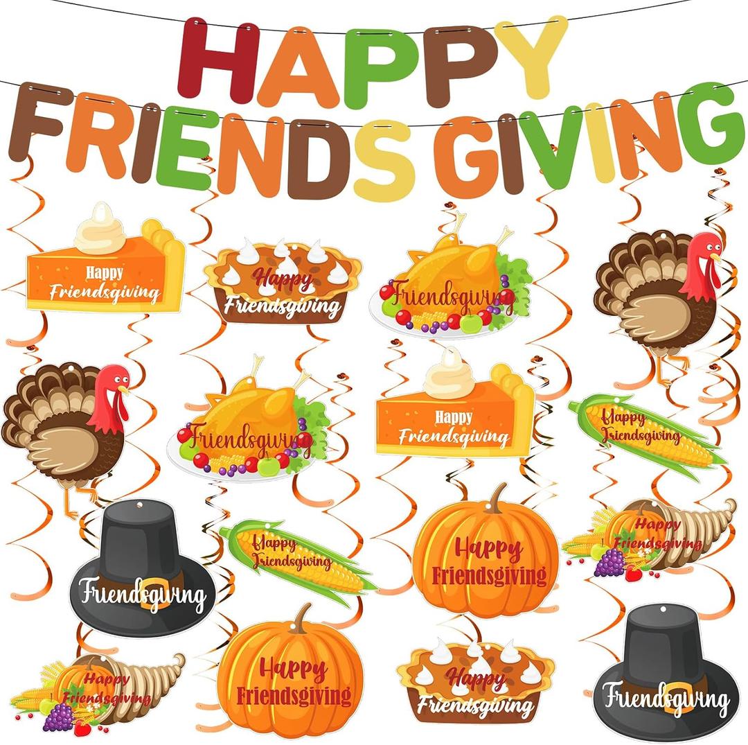 Eaasty 50 Pcs Friendsgiving Party Decoration Set Include 2 Happy Friendsgiving Banner, 16 Turkey Pumpkin Hanging Cutout, 32 Hanging Swirl Accessories for Thanksgiving Mantel Fireplace Wall Party Decor
