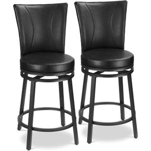 Bar Stools Set of 2, Counter Height Swivel Bar Chair with High Backrest, 24 inch Round Seat Barstools for Kitchen Island, Pub, Metal Base, Upholstered PU Leather Dining Chairs, Black