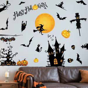Halloween Wall Stickers Haunted House Decals Witch Bats Pumpkin Crow Peel and Stick Vinyl Wall Decor for Halloween Party Supplies Gift Bedroom Living Room Wall Decoration