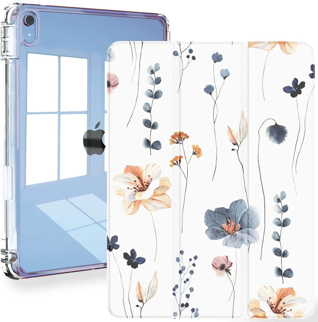Feams for iPad (A16) 11th Generation 11 Inch 2025, iPad 10th Generation Case 10.9 Inch 2022, Slim iPad A16 Case Clear Back Cover with Pencil Holder & Auto Sleep, Simple Flowers