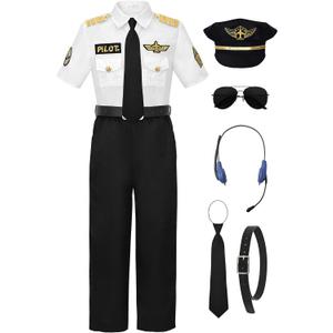 ReliBeauty Pilot Costume for Kids with Accessories Airline Captain pilot Costume Dress up Career Day (6/120, White(short Sleeve))