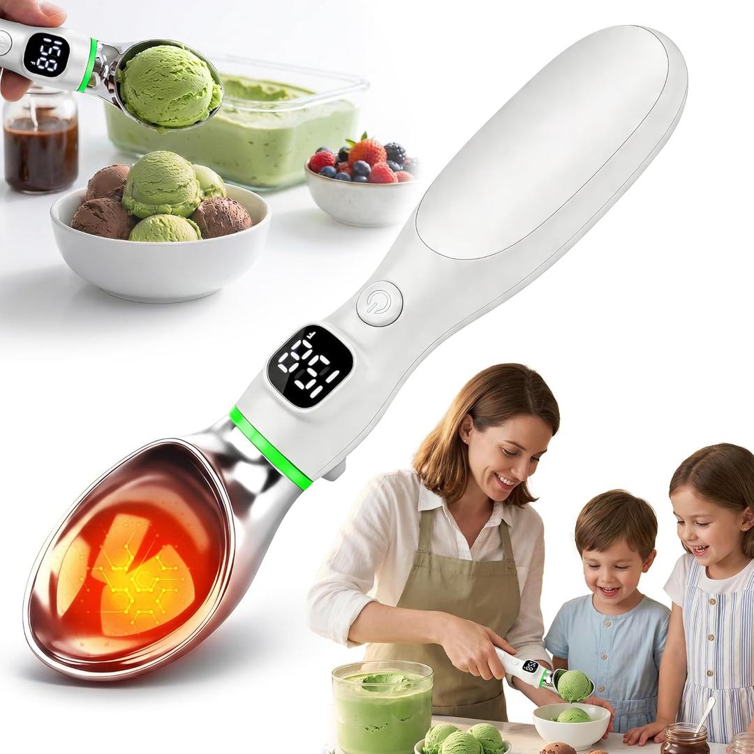 Heated Ice Cream Scoop, Rechargeable Electric Ice Cream Scoop with LED Display, 3 Heat Levels 122F/140F/158F, Nonstick Ice Cream Scooper for Hard Ice Cream, Gelato, Frozen Yogurt & Sorbet (White)