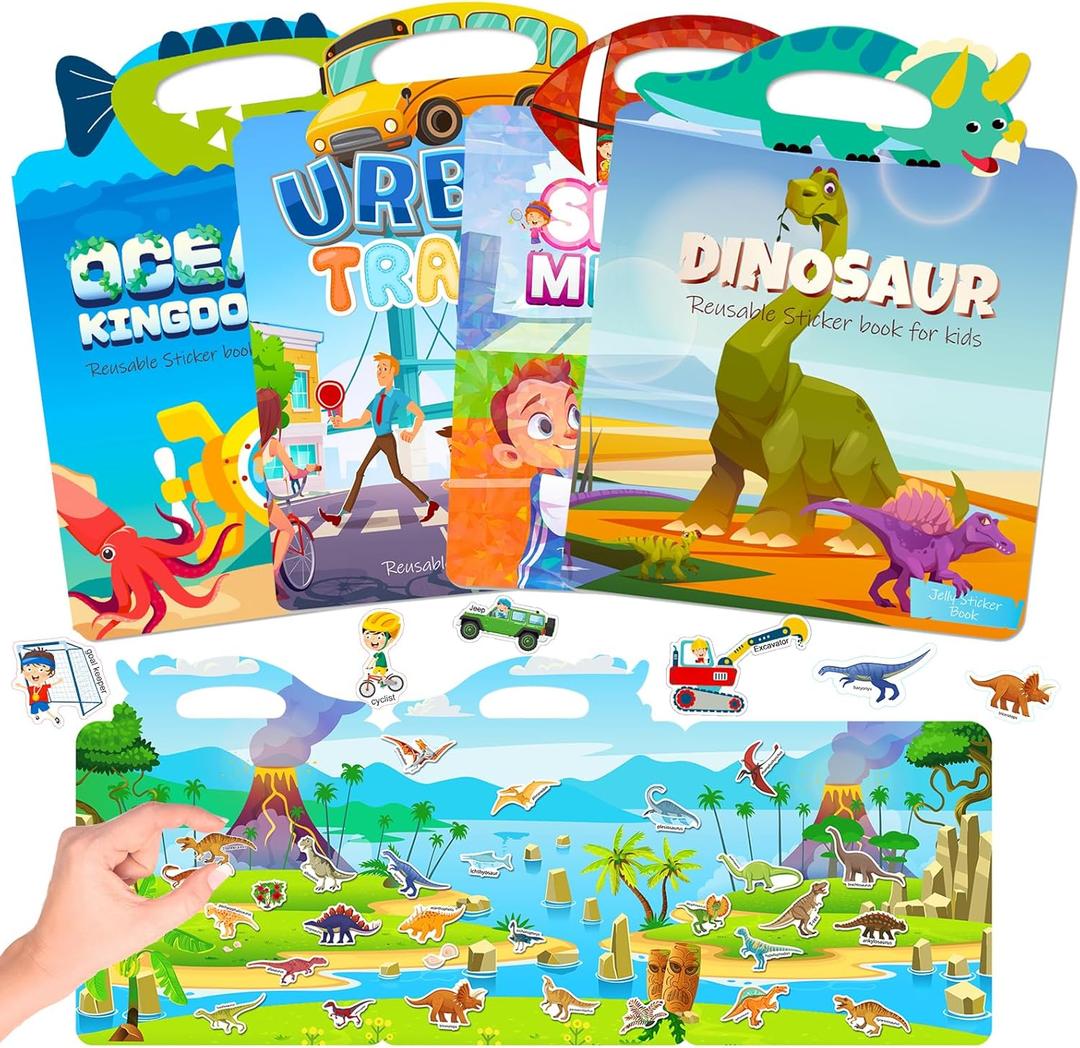 4 Set Reusable Sticker Book for Toddler Age 3-4, Quiet Sticker Books, Activity Books for Kids Ages 2+ Boy Girl Birthday Gifts