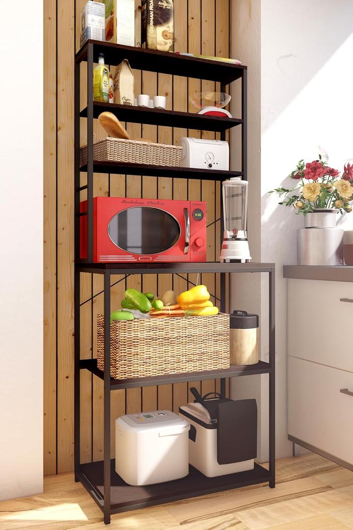 Elixo Bakers Rack with Power Outlet, coffee bar cabinet with 6 S hooks, 6-Tiers small appliances and microwave stand with storage for small apartments with motion sensor lights, Wood