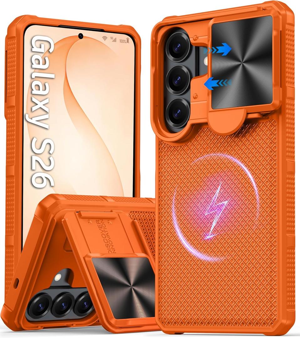 Magnetic for Samsung Galaxy S26 Case,[Slide Camera Cover][Kickstand][Compatible with Magsafe][Kickstand][Military Grade Protection] Shockproof Rugged Case for Galaxy S26, Orange