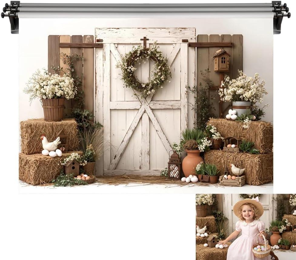 Kate 10x8ft/3x2.5m Easter Backdrop for Photography Barn Wooden Door Eggs Photoshoot Background Photo Video Studio Props