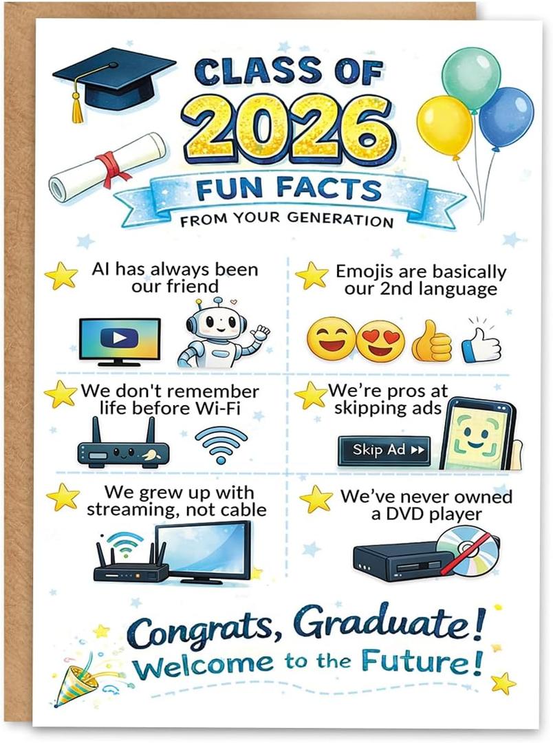3 x Class of 2026 Graduation Card, Funny Graduation Gift Card, Congratulations Card for Graduate, Blank Inside, with Kraft Envelope and Gold Seal Sticker