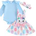 Gueuusu Baby Girl Easter Clothes Ruffle Long Sleeve Romper Bunny/ Easter Eggs Print Overall Skirt Dress Cute Newborn Outfit (Blue, 3-6 Months)