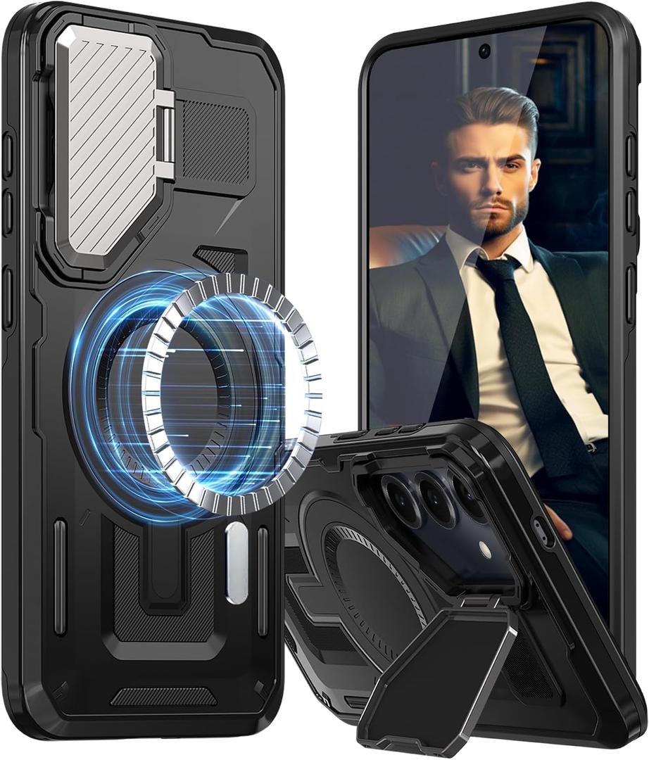 for Samsung Galaxy S25 Plus Case,S25 Plus Case with Camera Cover Stand [Compatible with MagSafe] Heavy Duty Drop Shockproof Slim Protection Rugged Magnetic Phone Case for Galaxy S25+ 6.7,Black