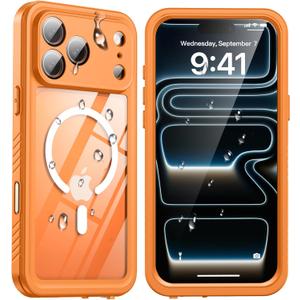 ANTSHARE for iPhone 17 Pro Max Case, Compatible with Magsafe, IP68 Waterproof Case, [Built-in Screen Protector] - 12 FT Military Dropproof - Full Body Heavy Duty Rugged Phone Cover - Orange/Clear