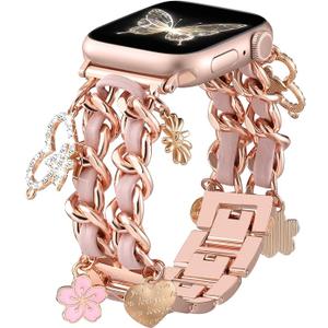Stylish Metal Band Compatible with Apple Watch Bands for Women 44mm 45mm 46mm, 49mm, 42mm (series 3), Pretty Chain Strap with Apple Watch Accessories Charms for iWatch Series 11 10 9 8 7 6 5 4 3 2 1 SE