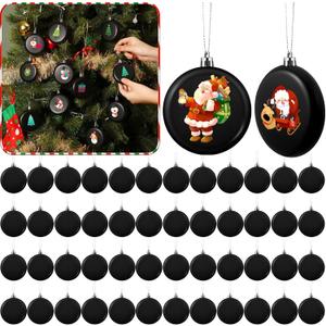VioraWhite 48 Pcs 3.15 Inch DIY Christmas Ornaments Black Ball Ornament Xmas Plastic Matte Flat Discs Christmas Tree Hanging Ornament Decorations DIY Crafts Painting Drawing Stickers Decals