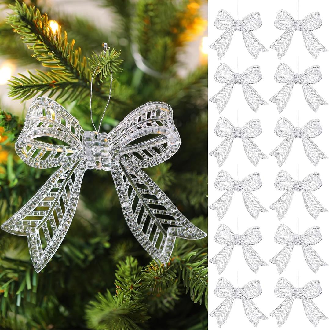 12 Pcs Crystal Bow Christmas Tree Ornaments Clear Bow Hanging Decorations Ornaments for Xmas Tree Winter Holiday Wedding Home Decor