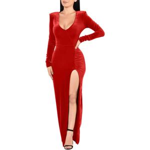 ZileZile Women's Sexy Bodycon Long Sleeve Deep V Neck High Slit Cocktail Party Maxi Dresses (Red) 