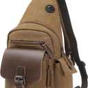 Canvas Sling Bag for Women Men, Convertible Crossbody Backpack with Leather Trim, Vintage Anti-Theft Chest Bag for Travel, Coffee