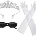 Halloween Princess Costume Accessories Women Crystal Crown Headband Long Gloves Sunglasses Dress Up Party (3 PCS, White)