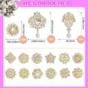 Gold Rhinestone Brooches Pin Kits Crystal Pearl Brooches for Bouquets for Wedding Decoration Accessories Jewelry Making Crafts(Gold-14PCS)