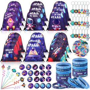 Sadnyy 140 Pcs Space Party Favors Outer Space Gift Bulk Galaxy Drawstring Backpack with Silicone Bracelet Straws Keychains Pin Badges Stickers for Galaxy Party Theme Birthday Supplies