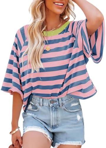 Dokotoo Tops for Women Striped 2025 Fashion T Shirts for Women Color Block Crewneck Design Loose Basic Tee Size L
