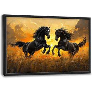 Large Horse Wall Art for Living Room, Black Horse Canvas Oversized Wall Decor, Sunrise Framed Pictures Painting Print Artwork for Bedroom Office 36"L x 24"W