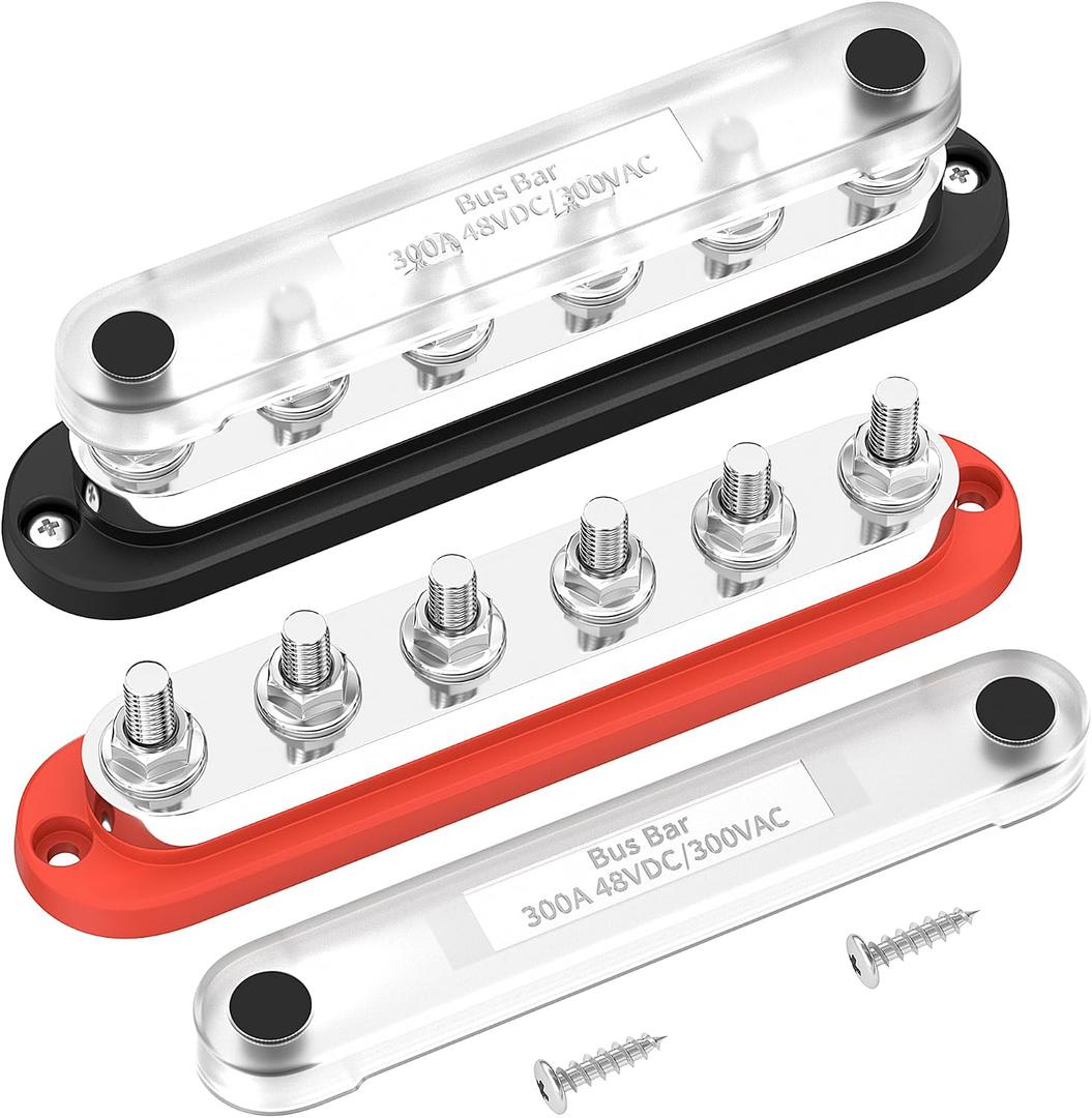 DaierTek Power Distribution Block 300A 12V Bus Bar 5/16" 6 Post Terminal Block with Cover Max 48V DC/300V AC for Marine Automotive Car Truck Solar Systems (Positive and Ground)