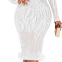 VERWIN Sequins Patchwork Bodycon Dress Women's Long Sleeve Dress Elegant Dress Plume Maxi Dress Party Dress (Medium, White)
