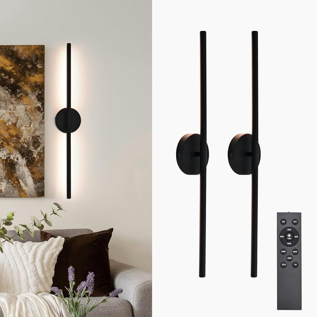 Black Battery Operated Wall Sconces Set of 2 360 Rotate Dimmable LED Wall Lamps 19.6 Inch Wireless Rechargeable Wall Lights with Remote Control