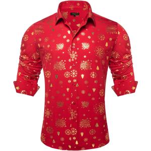 DiBanGu Christmas Shirts for Men Holiday Button Down Snowflake Dress Shirts Xmas Festival Long Sleeve Shirt for Vacation (Red)
