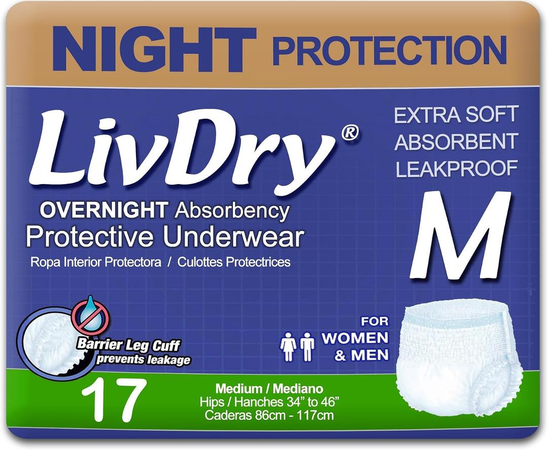 LivDry M Overnight Adult Diapers for Women and Men, Incontinence Underwear, Medium, 68 Count