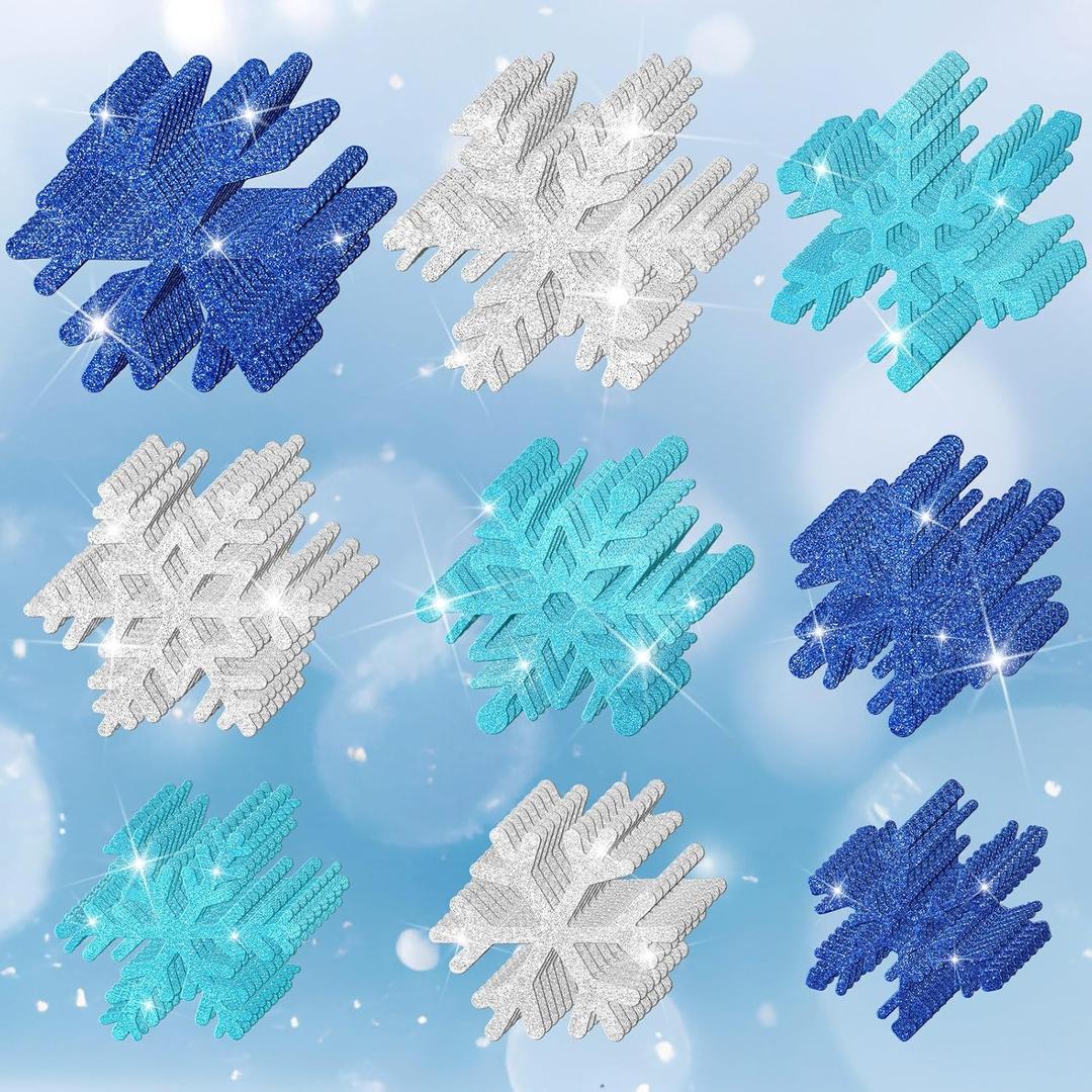 Fuutreo 108 Pcs Snowflake Cutouts Winter Glitter Paper Decorations Bulletin Board Decor 3 Size Cutouts for Winter Holiday Party Wonderland Decor(Silver,Light Blue,Dark Blue)