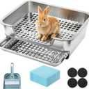 MCEAST Extra Large Stainless Steel Rabbit Litter Box, Pull-Out Bunny Potty Pan with Metal Grid, Rabbit Cage Bathroom Set Includes Pee Pads Cleaning Set for Small Animals (17.7" x 13.8" x 5.9")