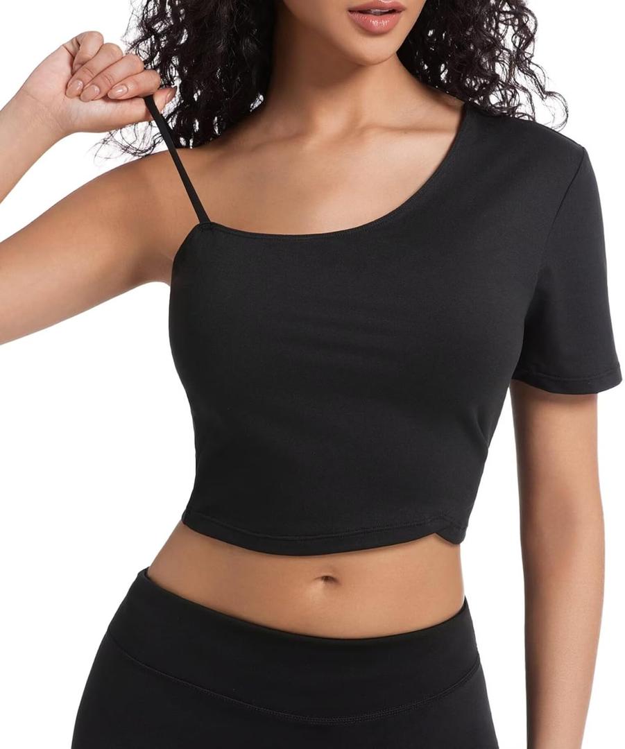 Crop Tops for Women Cute One Shoulder Tee Short Sleeve Going Out Shirts with Adjustable Strap and Playful Hem (Black, L)