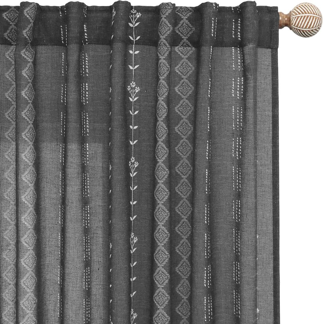 Black Sheer Curtains Linen Dark Floral Print Modern Vintage Witchy Gothic Curtains for Bedroom Living Room 96 Inches Long (50"W x 96"L (Pack of 2))