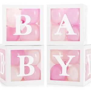 44-Piece Baby Shower Decorations for Boy or Girl - 4 Boxes with Letters and 32 Balloons - Classic White and Pink - Gender Reveal Party Supplies - Photo Shoot Backdrop Prop