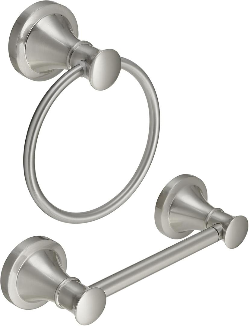 RUMOSE Toilet Paper Holder and Hand Towel Ring Brushed Nickel Wall Mount Bathroom Hardware Accessories 2 PCS Set Flexible Pivoting Toilet Tissue Roll Holder and Towel Hanger, Stainless Steel