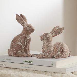 Set of 2 Easter Bunny Figurines, Brown Resin Rabbit Statue Decor, Ornaments for Spring Home Decor, Bunny Decorations for Coffee Table Shelf Mantel, Decorative Rabbit Figurines Gift