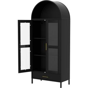 GarveeHome 73" Tall Arched Metal Storage Cabinet with Glass Doors & Drawer,Freestanding Pantry Cabinet with Adjustable Shelves, Modern Accent Bookshelf for Dining Room/Living Room, Black