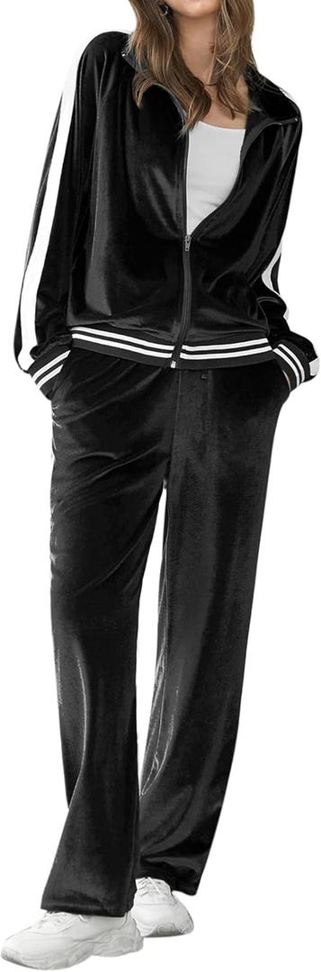 Ekouaer Women's Velvet Velor Tracksuits 2 Piece Lounge Outfits Zip Up Sweatshirt and Sweatpants with Pockets S-3XL (Medium, Black)