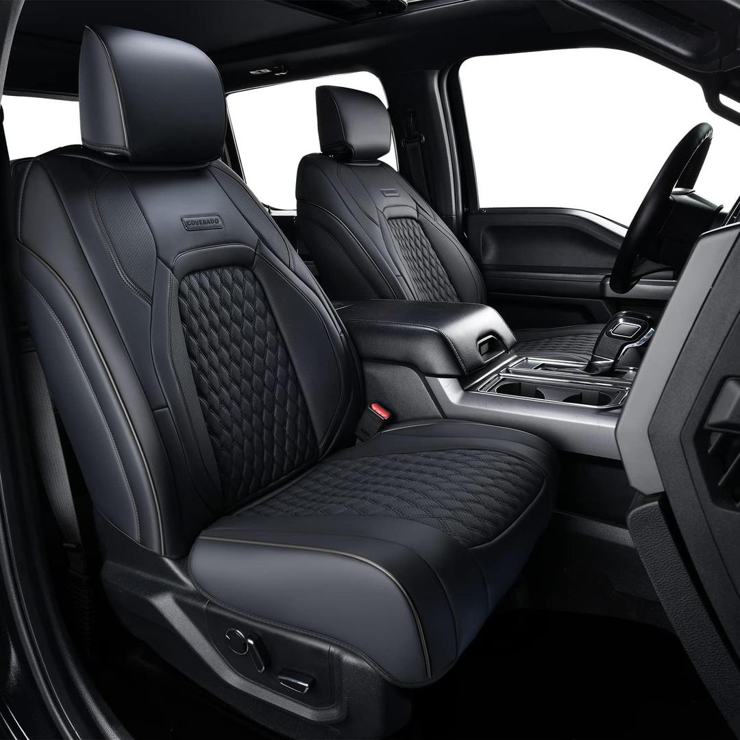 Coverado Full Set F150 Seat Covers, Waterproof Faux Leather Full Coverage Protector for 2015-2026 Ford F150 & 2017-2026 F250 F350 F450 Crew Cab, Black Truck Interior Car Seat Cushion Covers