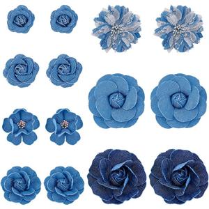 14Pcs 7 Styles Denim Fabric Flower Camelia Sewing Flowers Steel Blue Flower Cloth 3D Flowers Fabric for DIY Clothes Hairclips Dresses Party Decoration Costume Accessories