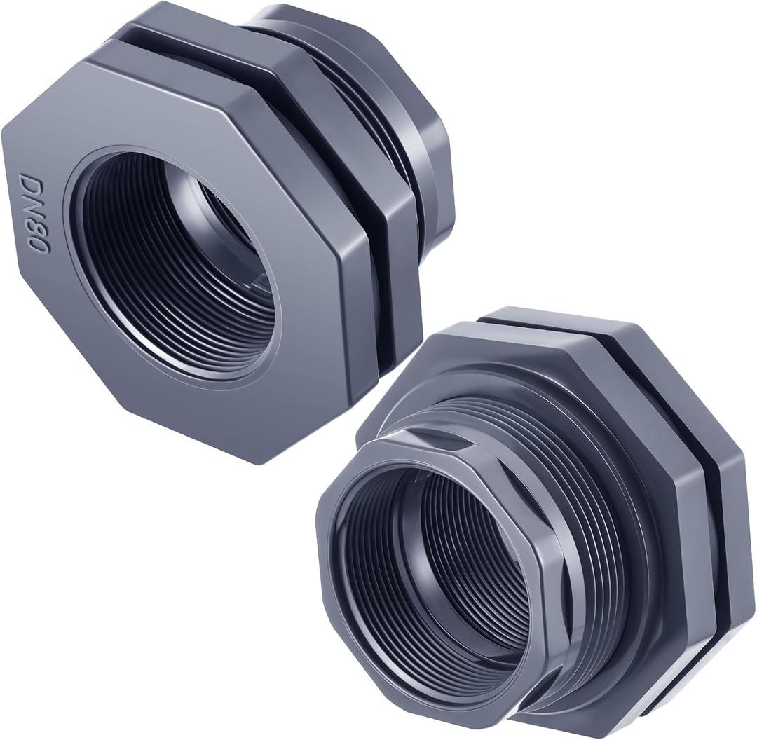 2 Pcs 3 Inch Bulkhead Fitting PVC Water Tank Connector Plumbing Pipe Threaded Bulkhead Fitting NPT for Rain Barrels, Water Tanks, Aquariums, Tubs, Pools